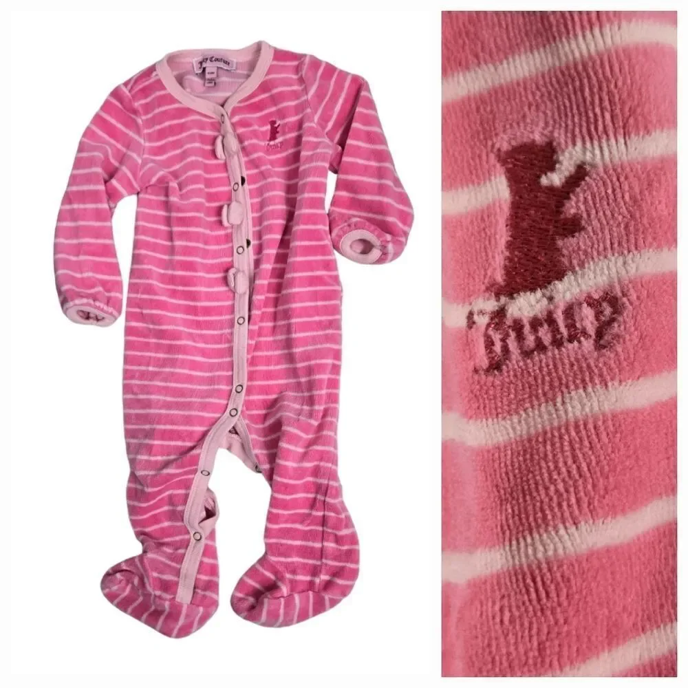 Juicy Couture Baby 6-9m Sleep & Play Pink Stripe Velour One-Piece Pajama Footie